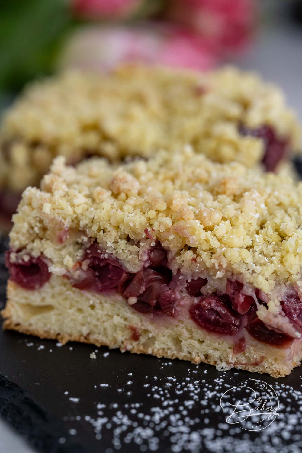 Cherry crumble cake recipe - delicious and easy yeast cake - Delicious cherry crumble cake recipe for yeast cake and crumble cake. Cake with butter crumbles and sour cherries, cherries and morello cherries - quick and easy instructions - delicious yeast cake - sheet cake recipe - simple cake with dry yeast